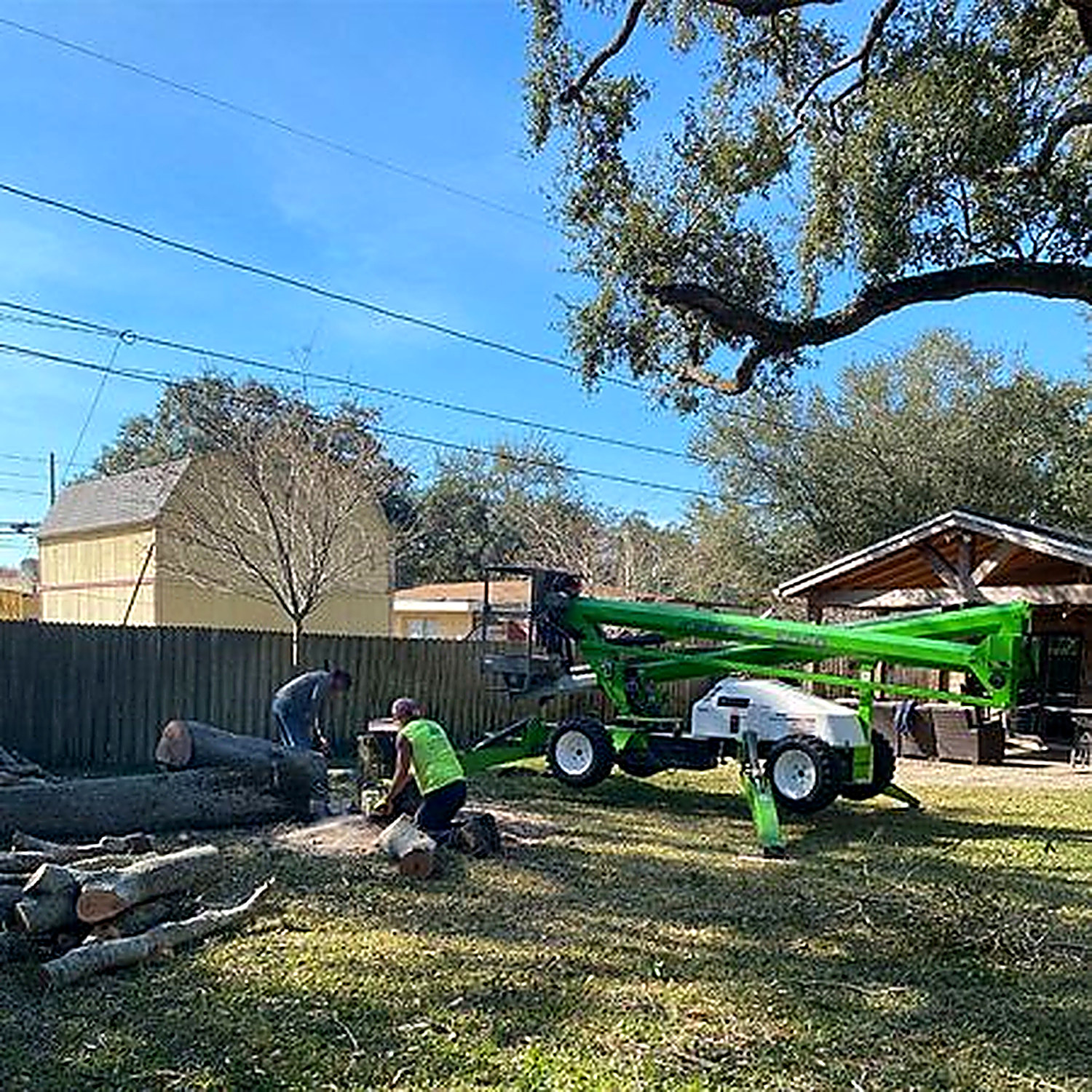 Triangle Tree Service equipment and crew clearing cut timber from a residential back yard